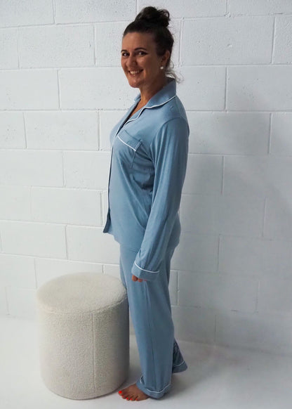 Back view of Maisie Storm Blue Bamboo Sleepwear – women’s long sleeve & pants pyjama set