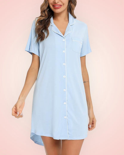 Short Sleeve Nightie - Baby Blue/White Piping