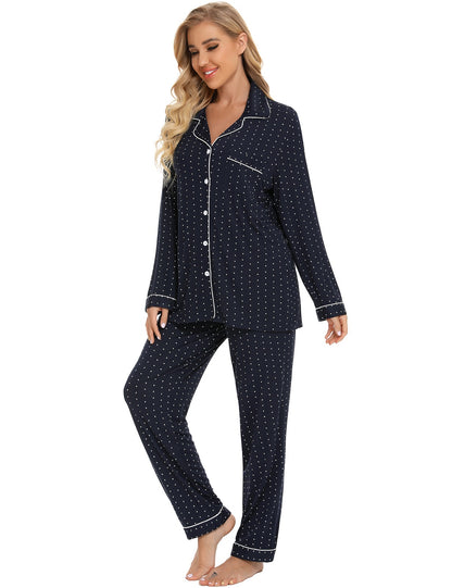 FINAL RESTOCK : Long Sleeve Buttoned Bamboo PJ's Set - Navy/Dots