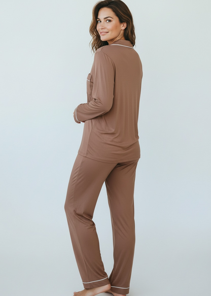 Mocha Long Sleeve Buttoned Bamboo PJ’s Set – Sienna