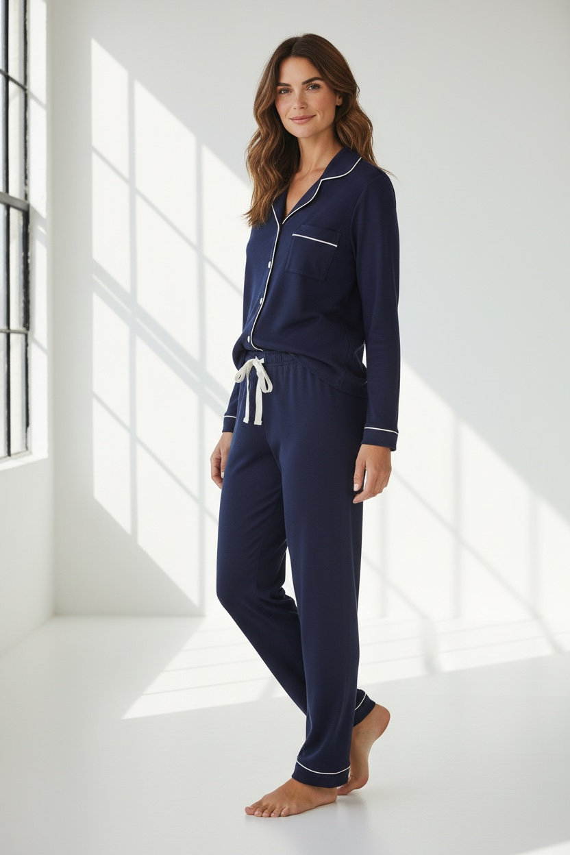 Navy Long Sleeve Buttoned Bamboo PJ’s Set – Sara