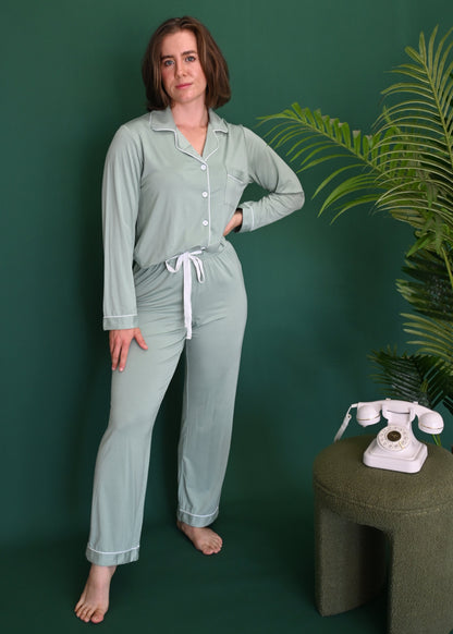 Long Sleeve Buttoned Bamboo PJ's Set - SAGE