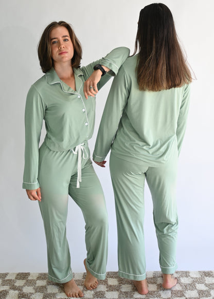 Long Sleeve Buttoned Bamboo PJ's Set - SAGE