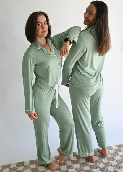 Long Sleeve Buttoned Bamboo PJ's Set - SAGE