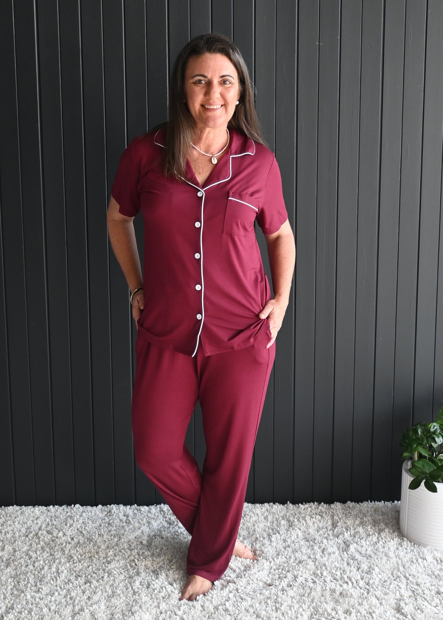 Back view of Juliette bamboo long PJ set with piping details