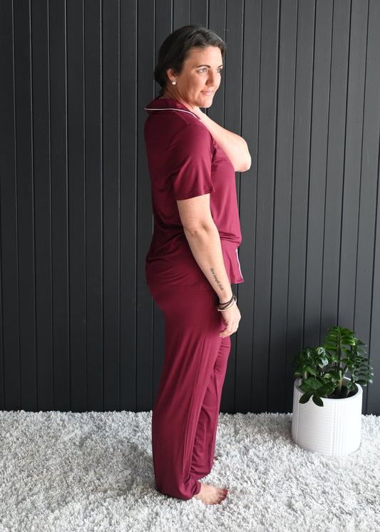 Juliette bamboo PJ set in burgundy – full length, side angle