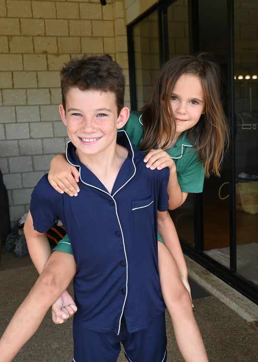 Navy Blue Bamboo Sleeps Kids PJs – The Theo Set