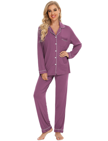 Long Sleeve Buttoned Bamboo PJ's Set - Purple