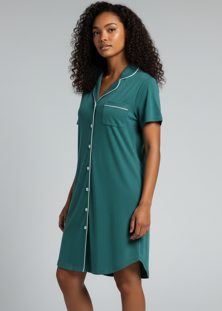 Dark Green Short Sleeve Bamboo Button-Up Nightie – Esme