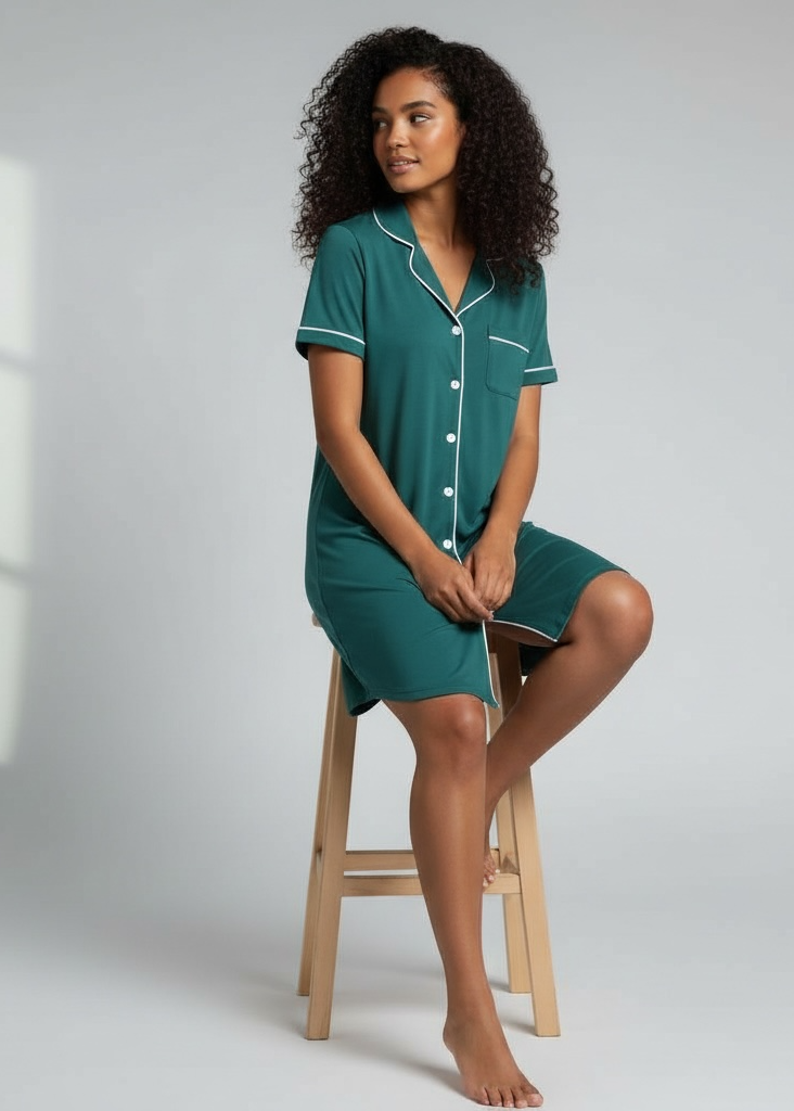 Dark Green Short Sleeve Bamboo Button-Up Nightie – Esme