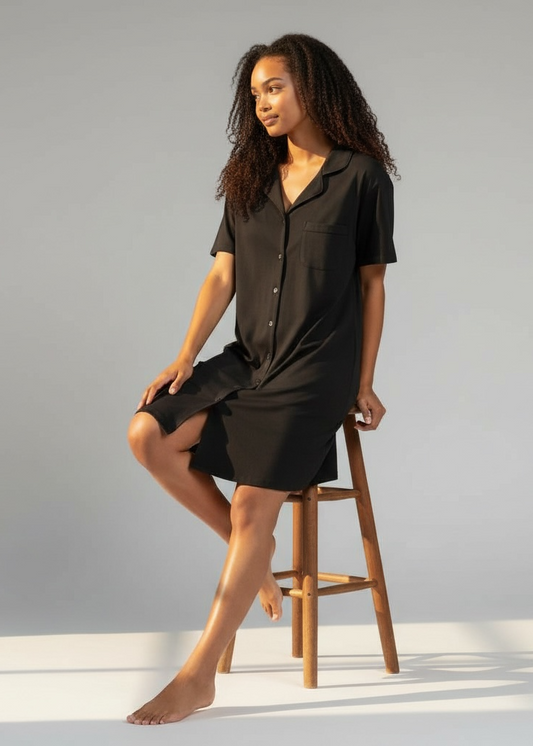 Black Short Sleeve Bamboo Button-Up Nightie – Phebe