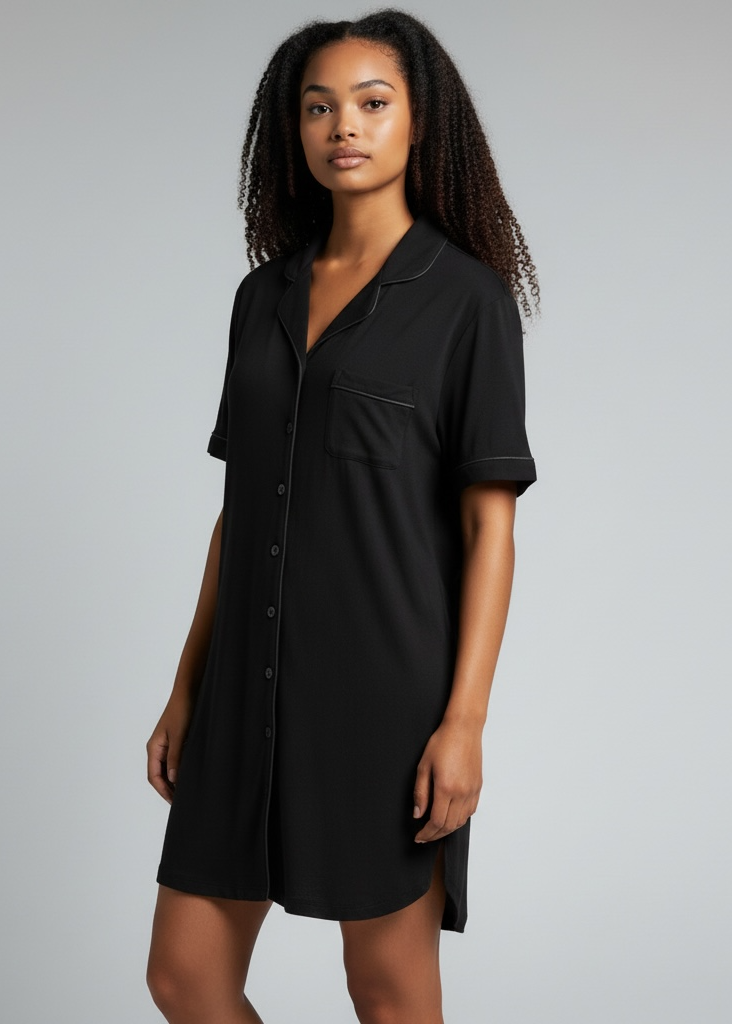 Black Short Sleeve Bamboo Button-Up Nightie – Phebe