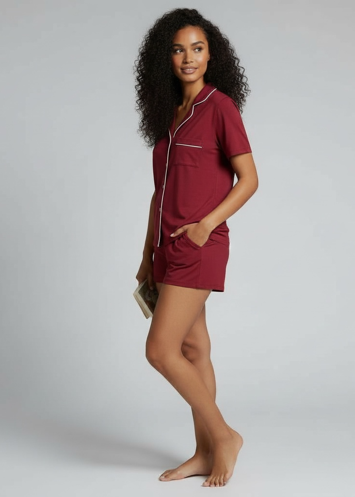 Burgandy Short Sleeve Short Pyjama Set : Juliette