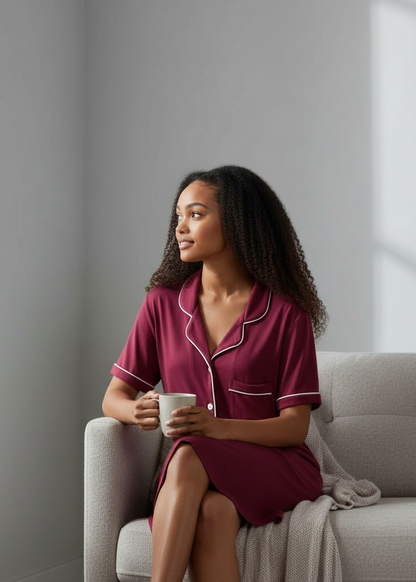 Burgandy Short Sleeve Bamboo Button-Up Nightie – Juliette