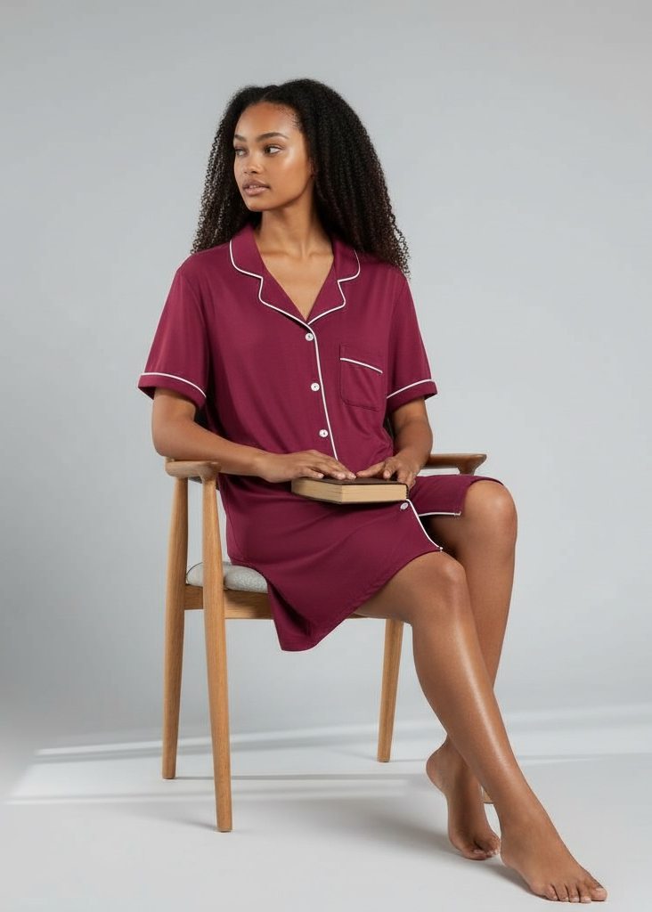 Burgandy Short Sleeve Bamboo Button-Up Nightie – Juliette