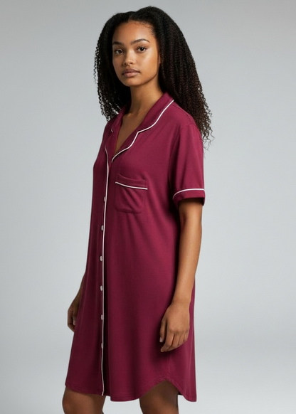 Burgandy Short Sleeve Bamboo Button-Up Nightie – Juliette