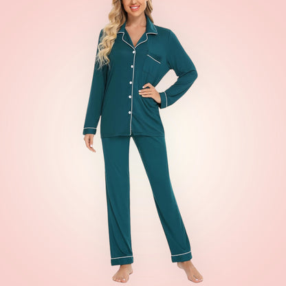 Long Sleeve Buttoned Bamboo PJ's Set - Esme Green