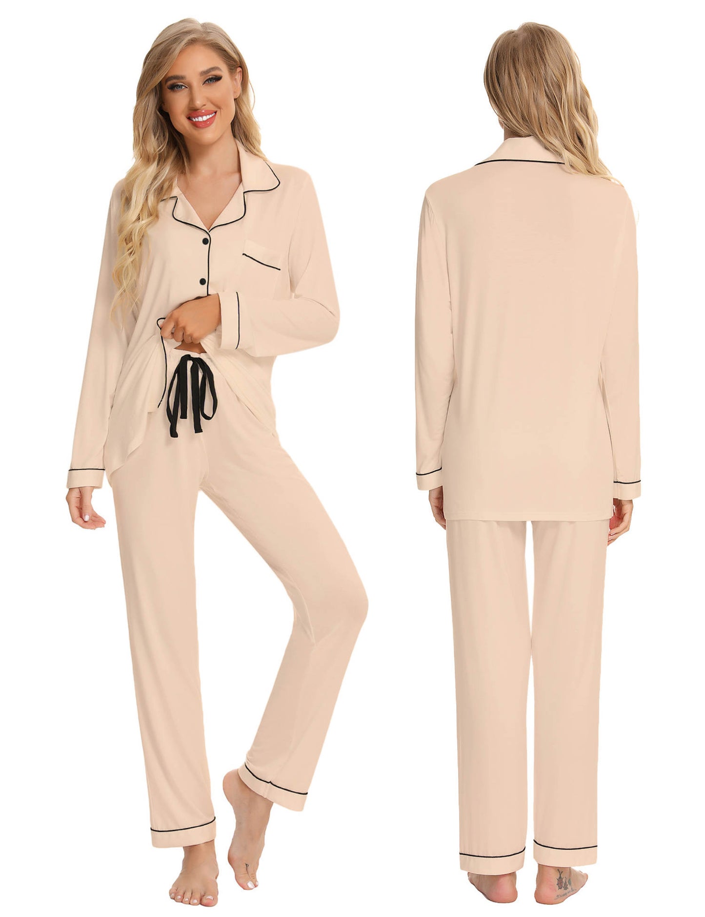 Long Sleeve Buttoned Bamboo PJ's Set - Nude