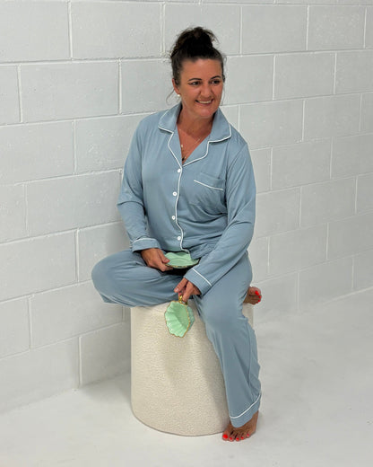 Lifestyle image – Maisie Storm Blue Women’s Long Sleeve Bamboo Pyjama Set, cosy winter sleepwear