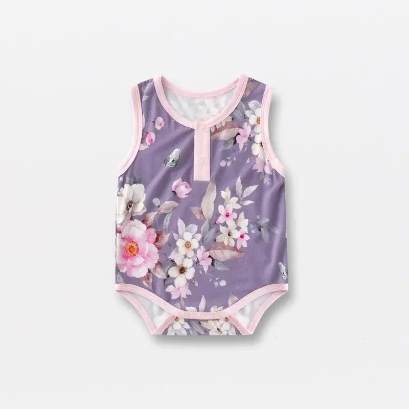 Summer Bamboo Baby Rompers : Purple Floral