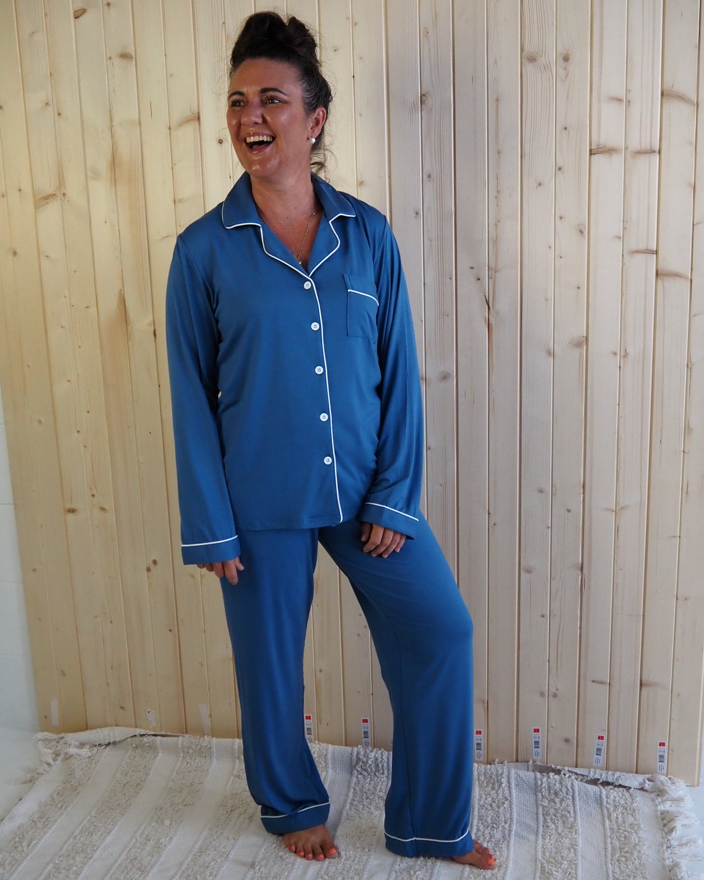 Dee : Long Sleeve Buttoned Bamboo PJ's Set Blue