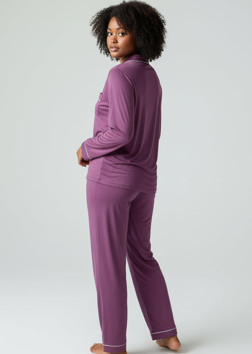 Purple Long Sleeve Buttoned Bamboo PJ's Set - Yolanda