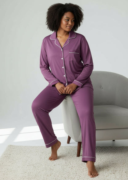 Purple Long Sleeve Buttoned Bamboo PJ's Set - Yolanda