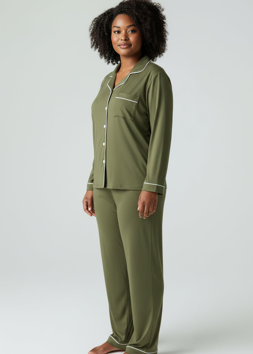 Army Green Long Sleeve Buttoned Bamboo PJ Set – Olive