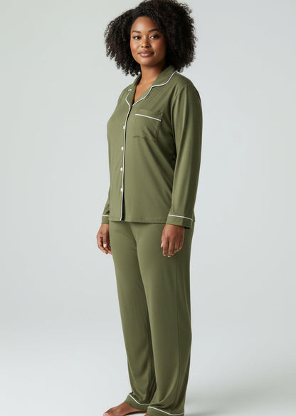 Army Green Long Sleeve Buttoned Bamboo PJ Set – Olive