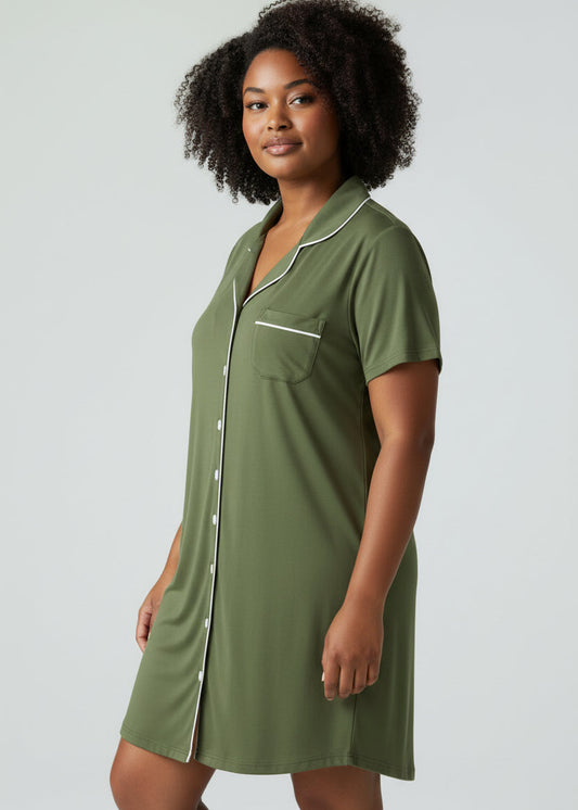 Army Green Short Sleeve Bamboo Nightie - Olive