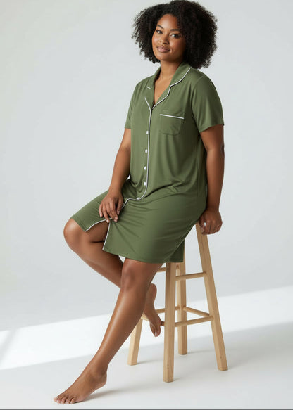 Army Green Short Sleeve Bamboo Nightie - Olive