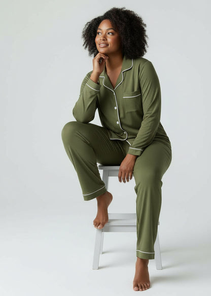 Army Green Long Sleeve Buttoned Bamboo PJ Set – Olive