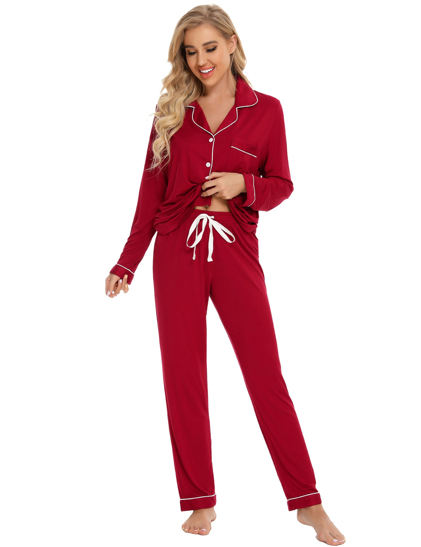 Long Sleeve Buttoned Bamboo PJ's Set - Red