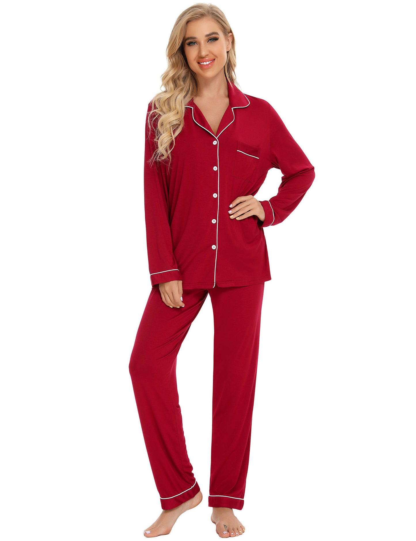 Long Sleeve Buttoned Bamboo PJ's Set - Red