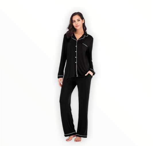 Long Sleeve Buttoned Bamboo PJ's Set - BLACK
