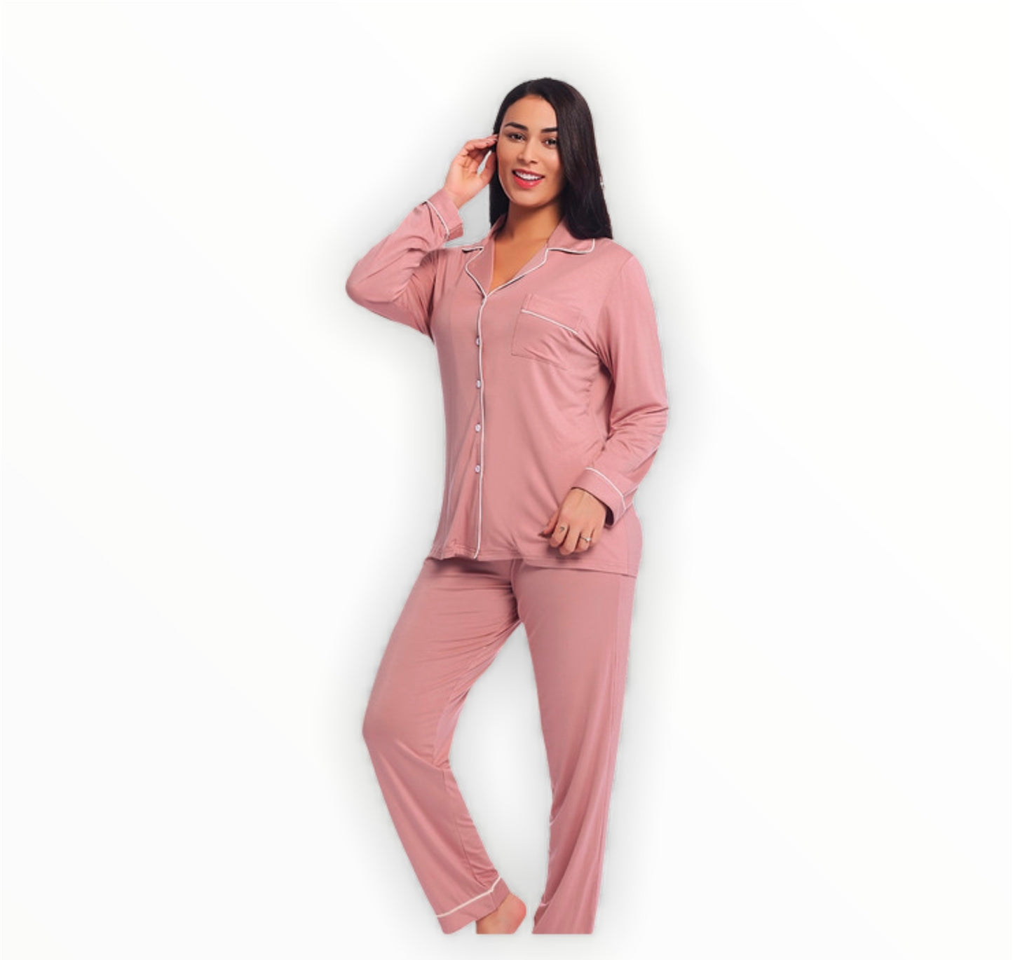 Long Sleeve Buttoned Bamboo PJ's Set - Dusty Pink
